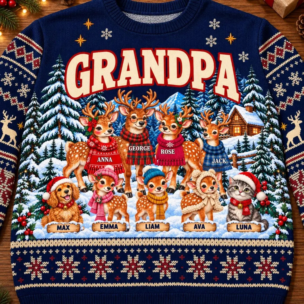 Close-up of personalized names on reindeer sweater