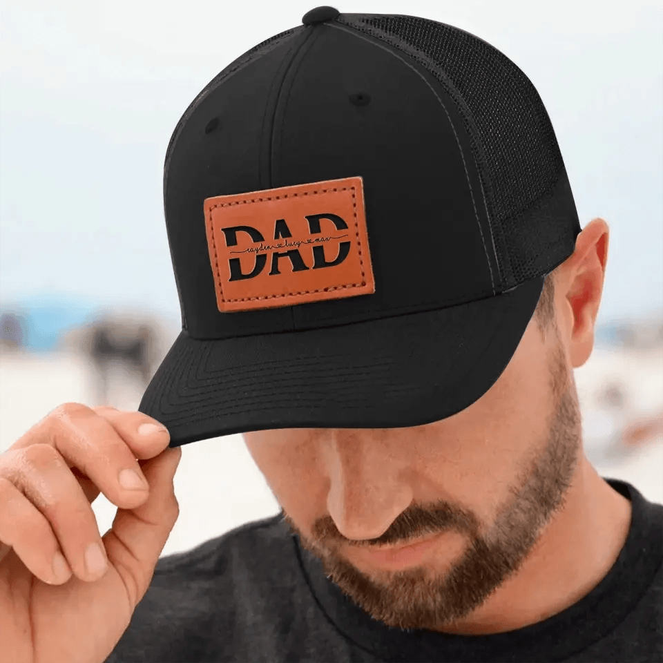 Custom Kids' Names Dad Papa Grandpa Trucker Hat - Personalized Leather Patch Hat