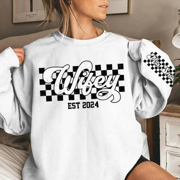 Wifey Est - Couple Personalized Custom Unisex Sweatshirt With Design On Sleeve Dreamship