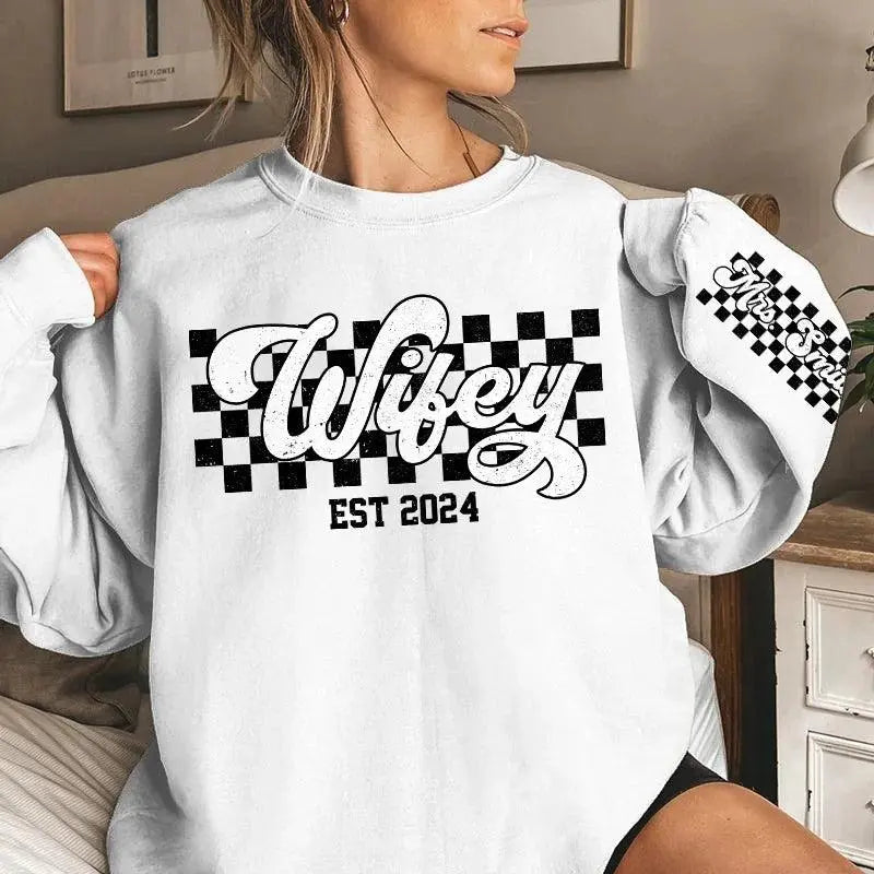 Wifey Est - Couple Personalized Custom Unisex Sweatshirt With Design On Sleeve Dreamship