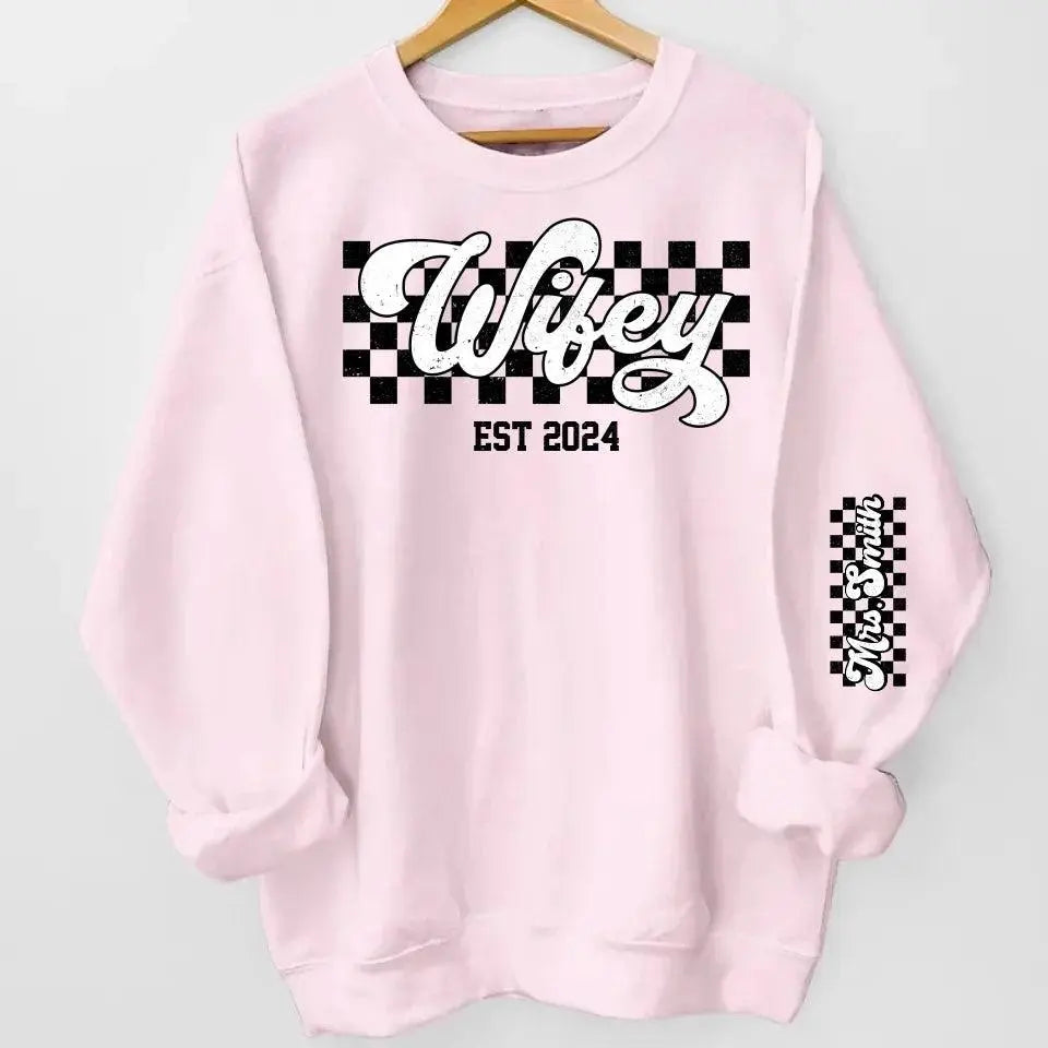 Wifey Est - Couple Personalized Custom Unisex Sweatshirt With Design On Sleeve Dreamship
