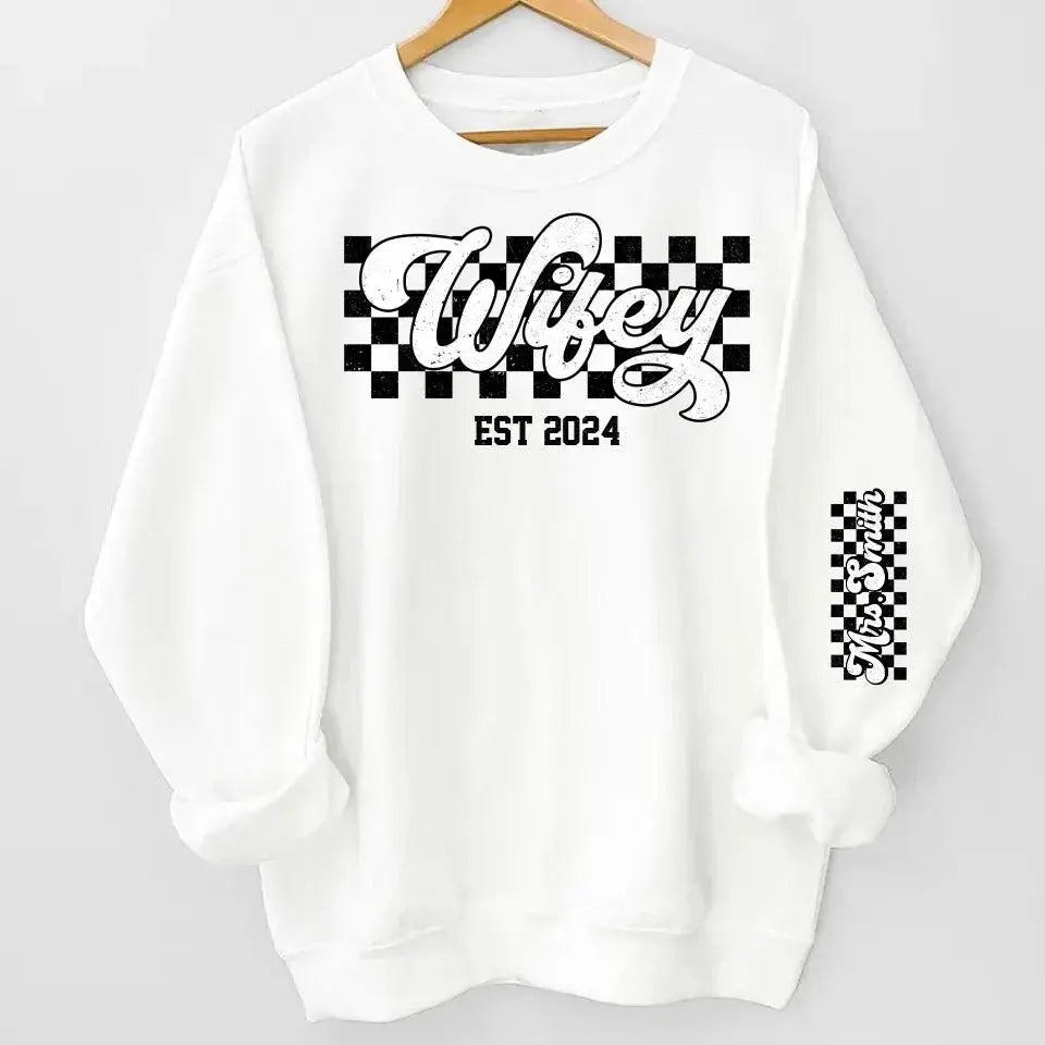 Wifey Est - Couple Personalized Custom Unisex Sweatshirt With Design On Sleeve Dreamship