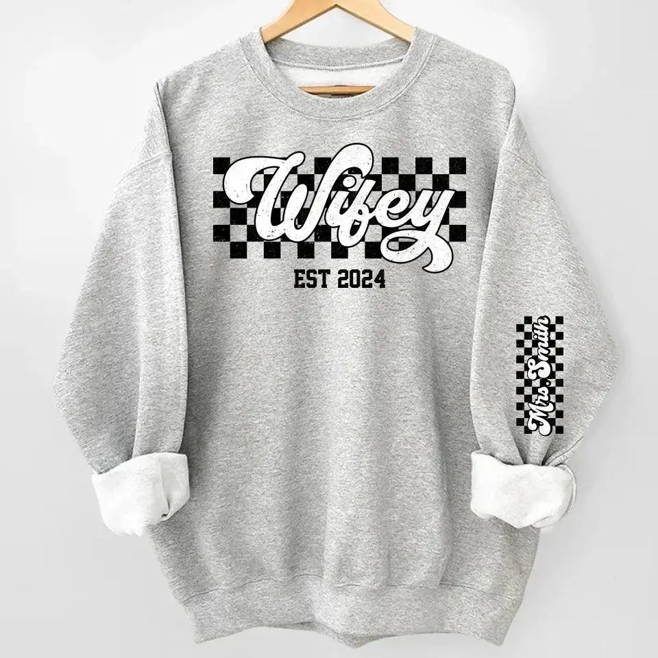 Wifey Est - Couple Personalized Custom Unisex Sweatshirt With Design On Sleeve Dreamship
