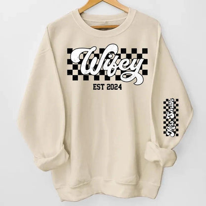 Wifey Est - Couple Personalized Custom Unisex Sweatshirt With Design On Sleeve