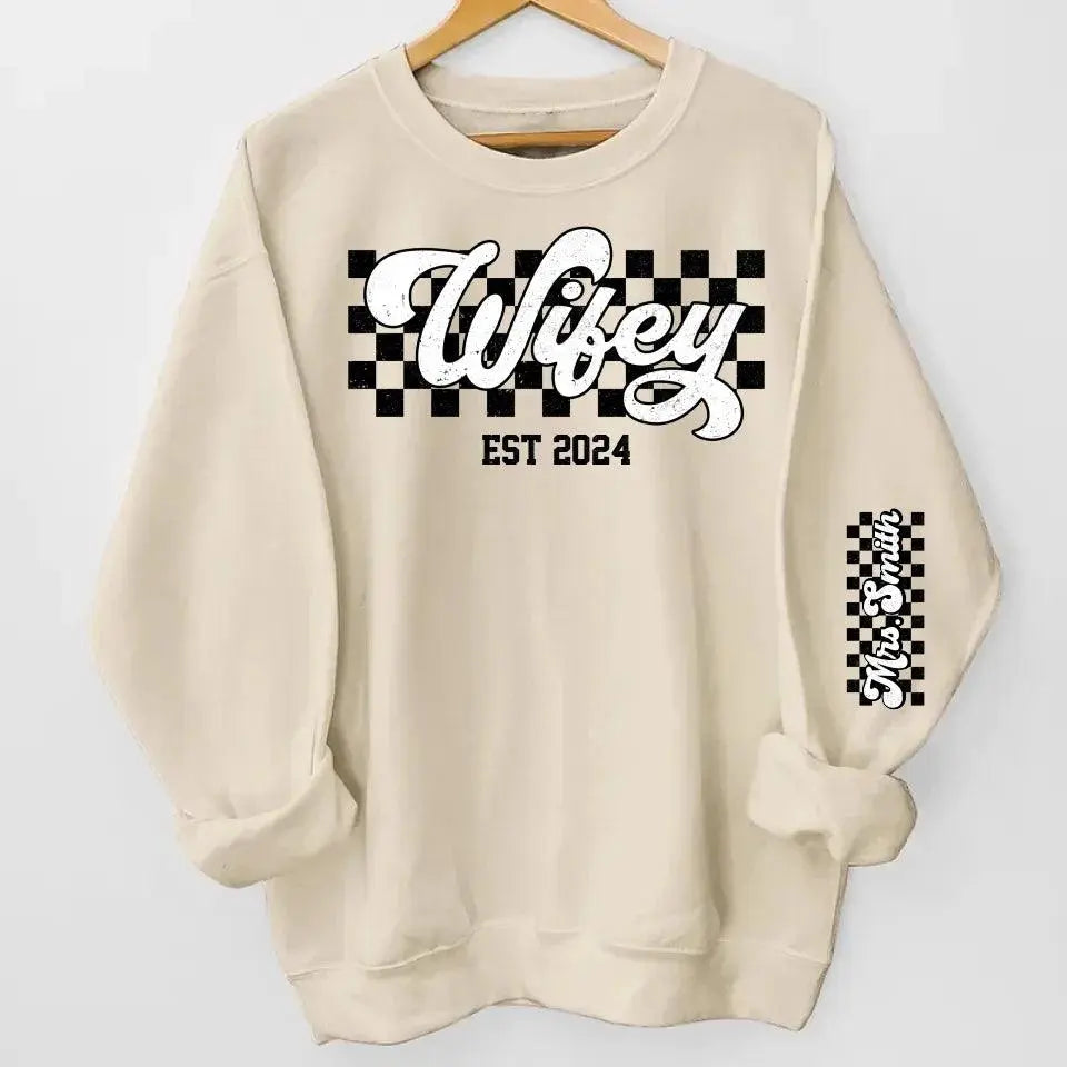 Wifey Est - Couple Personalized Custom Unisex Sweatshirt With Design On Sleeve Dreamship