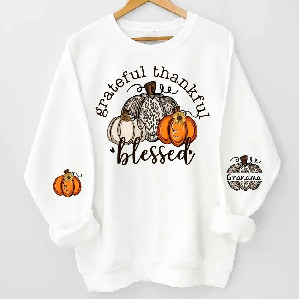 Grateful Thankful Blessed Nana, Mimi, Gigi Sweatshirt & Hoodie – Personalized with Grandchildren's Names on Sleeves Dreamship