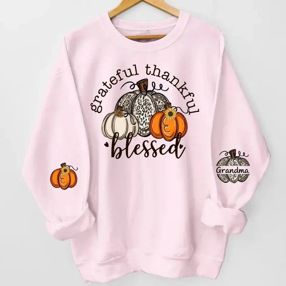Grateful Thankful Blessed Nana, Mimi, Gigi Sweatshirt & Hoodie – Personalized with Grandchildren's Names on Sleeves Dreamship