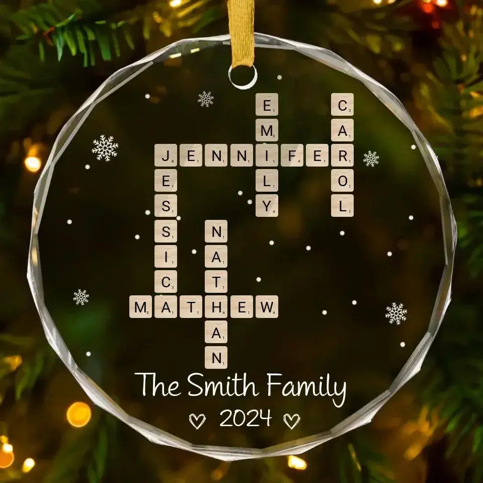 Custom Family Names Crossword - Personalized Family Christmas Circle Glass Ornament - Cherished Christmas Gift For Family Members Printbelle