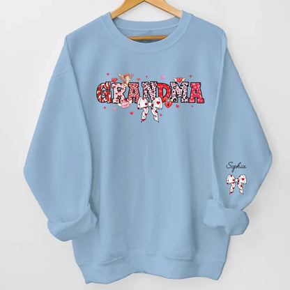 Grandma’s Love Woven in Hearts - Custom Sweatshirt & Hoodie with Kid Names on Sleeves, Perfect Valentine’s Gift for Grandma