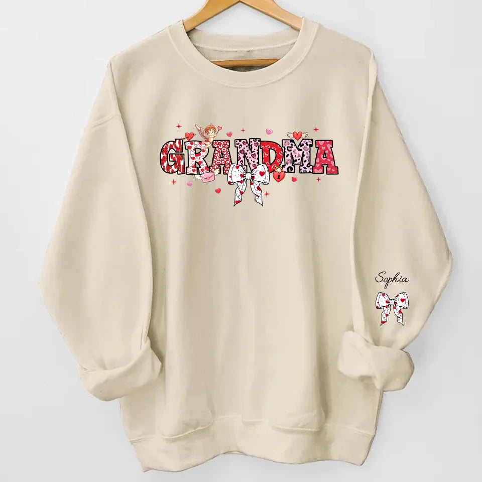 Grandma’s Love Woven in Hearts - Custom Sweatshirt & Hoodie with Kid Names on Sleeves, Perfect Valentine’s Gift for Grandma