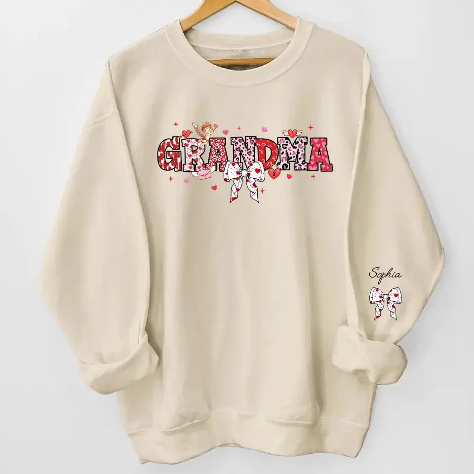 Grandma’s Love Woven in Hearts - Custom Sweatshirt & Hoodie with Kid Names on Sleeves, Perfect Valentine’s Gift for Grandma Dreamship