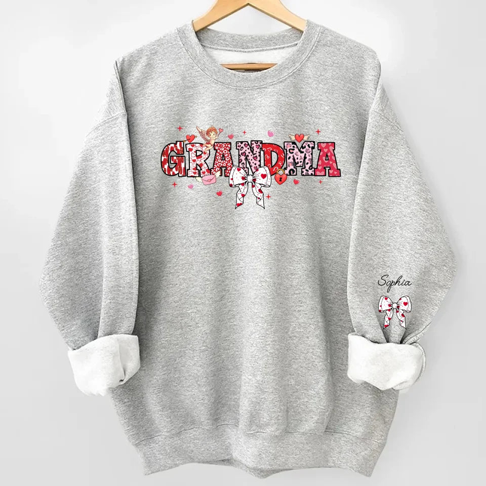 Grandma’s Love Woven in Hearts - Custom Sweatshirt & Hoodie with Kid Names on Sleeves, Perfect Valentine’s Gift for Grandma