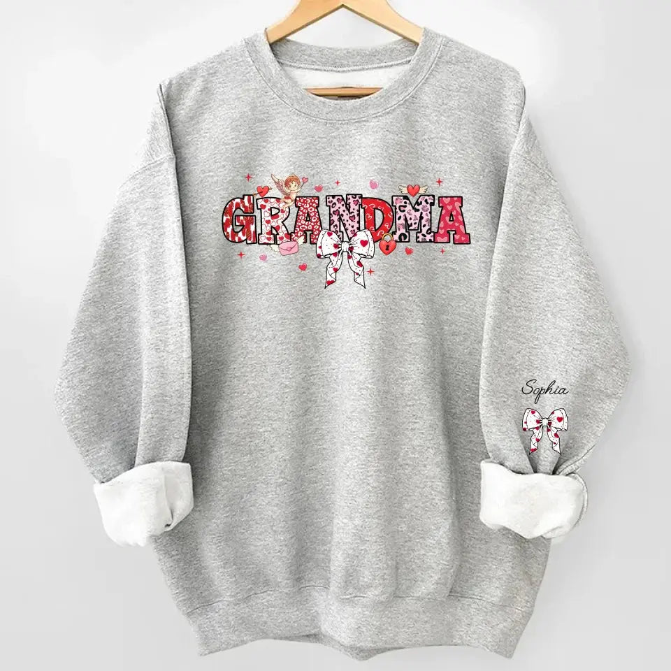 Grandma’s Love Woven in Hearts - Custom Sweatshirt & Hoodie with Kid Names on Sleeves, Perfect Valentine’s Gift for Grandma Dreamship