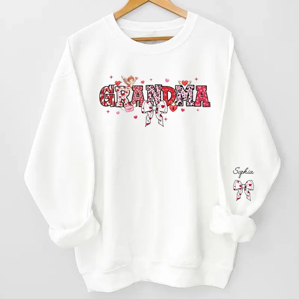 Grandma’s Love Woven in Hearts - Custom Sweatshirt & Hoodie with Kid Names on Sleeves, Perfect Valentine’s Gift for Grandma