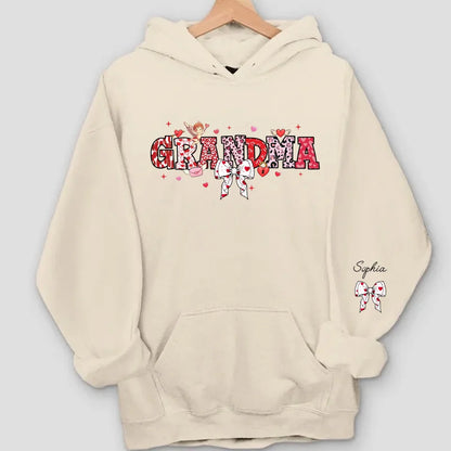 Grandma’s Love Woven in Hearts - Custom Sweatshirt & Hoodie with Kid Names on Sleeves, Perfect Valentine’s Gift for Grandma