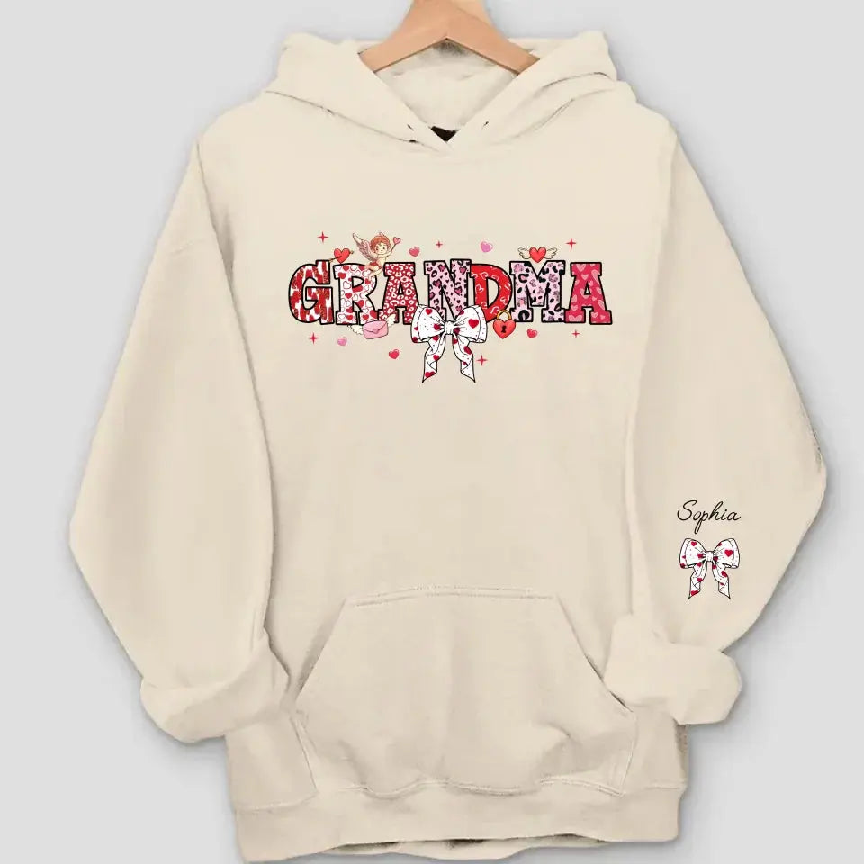 Grandma’s Love Woven in Hearts - Custom Sweatshirt & Hoodie with Kid Names on Sleeves, Perfect Valentine’s Gift for Grandma Dreamship