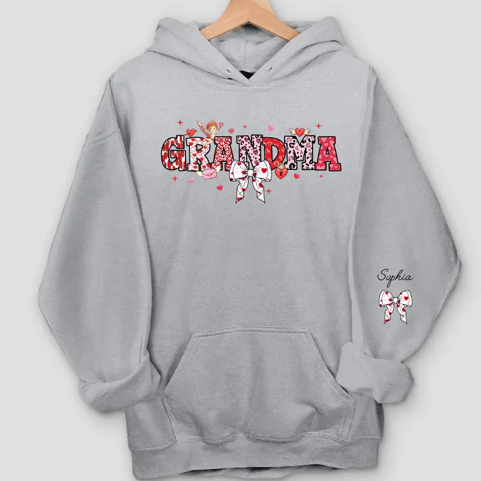 Grandma’s Love Woven in Hearts - Custom Sweatshirt & Hoodie with Kid Names on Sleeves, Perfect Valentine’s Gift for Grandma