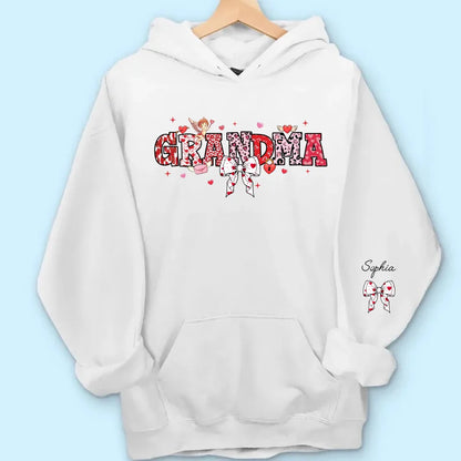 Grandma’s Love Woven in Hearts - Custom Sweatshirt & Hoodie with Kid Names on Sleeves, Perfect Valentine’s Gift for Grandma