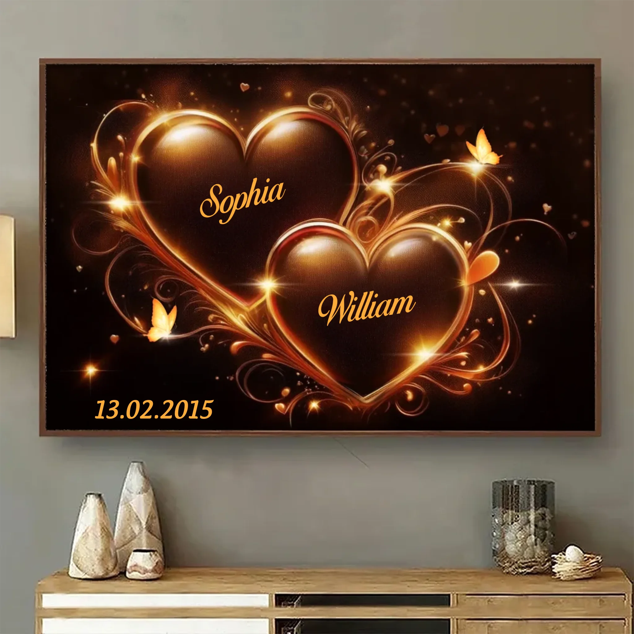 Two Hearts Beating as One - Personalized Couple Horizontal Poster, Custom Anniversary Gift for Husband & Wife