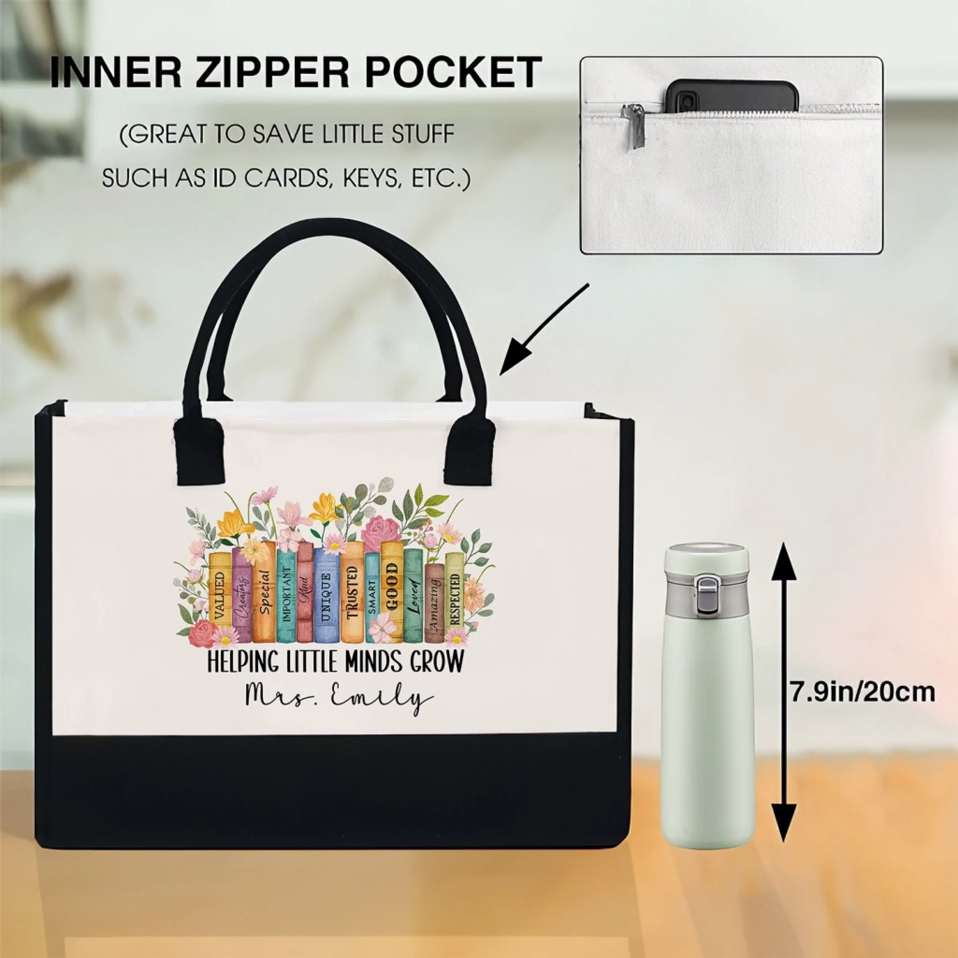 Helping Little Minds Grow - Teacher Canvas Tote Bag – Personalized Gift for Educators, Back to School, End of Year Appreciation