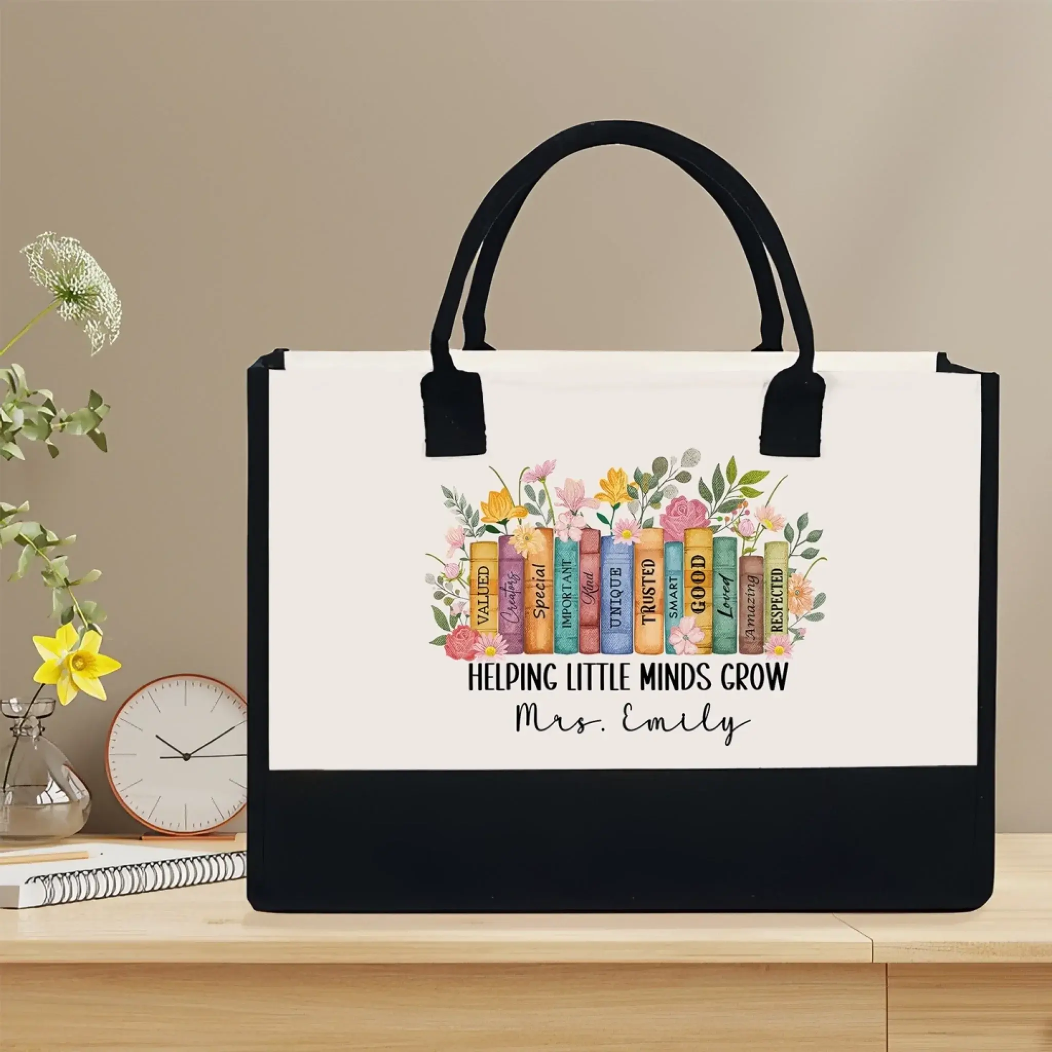 Helping Little Minds Grow - Teacher Canvas Tote Bag – Personalized Gift for Educators, Back to School, End of Year Appreciation