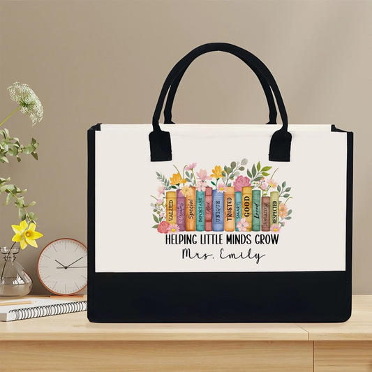 Helping Little Minds Grow - Teacher Canvas Tote Bag – Personalized Gift for Educators, Back to School, End of Year Appreciation