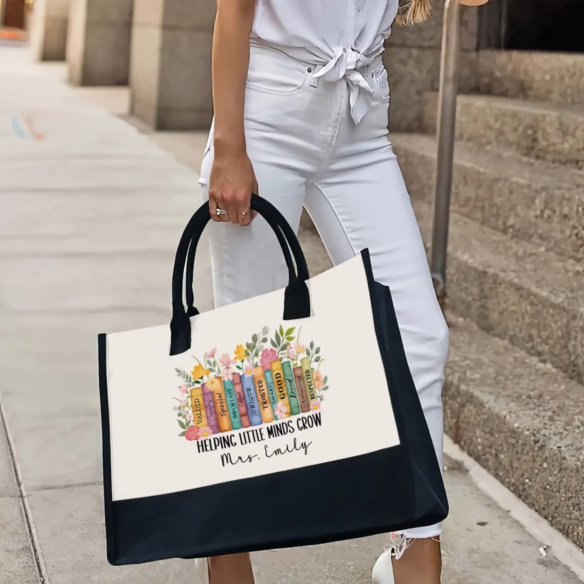 Helping Little Minds Grow - Teacher Canvas Tote Bag – Personalized Gift for Educators, Back to School, End of Year Appreciation