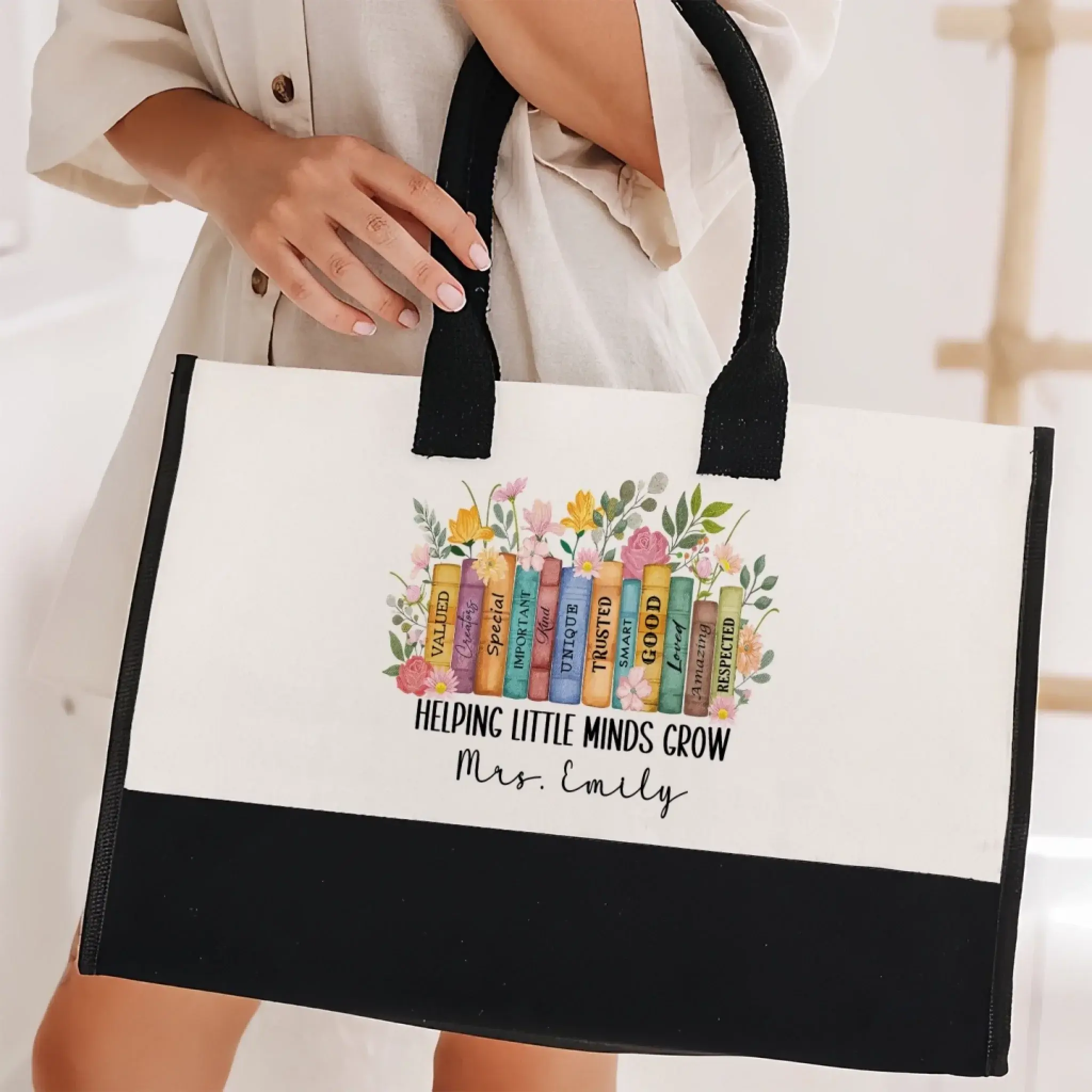 Helping Little Minds Grow - Teacher Canvas Tote Bag – Personalized Gift for Educators, Back to School, End of Year Appreciation