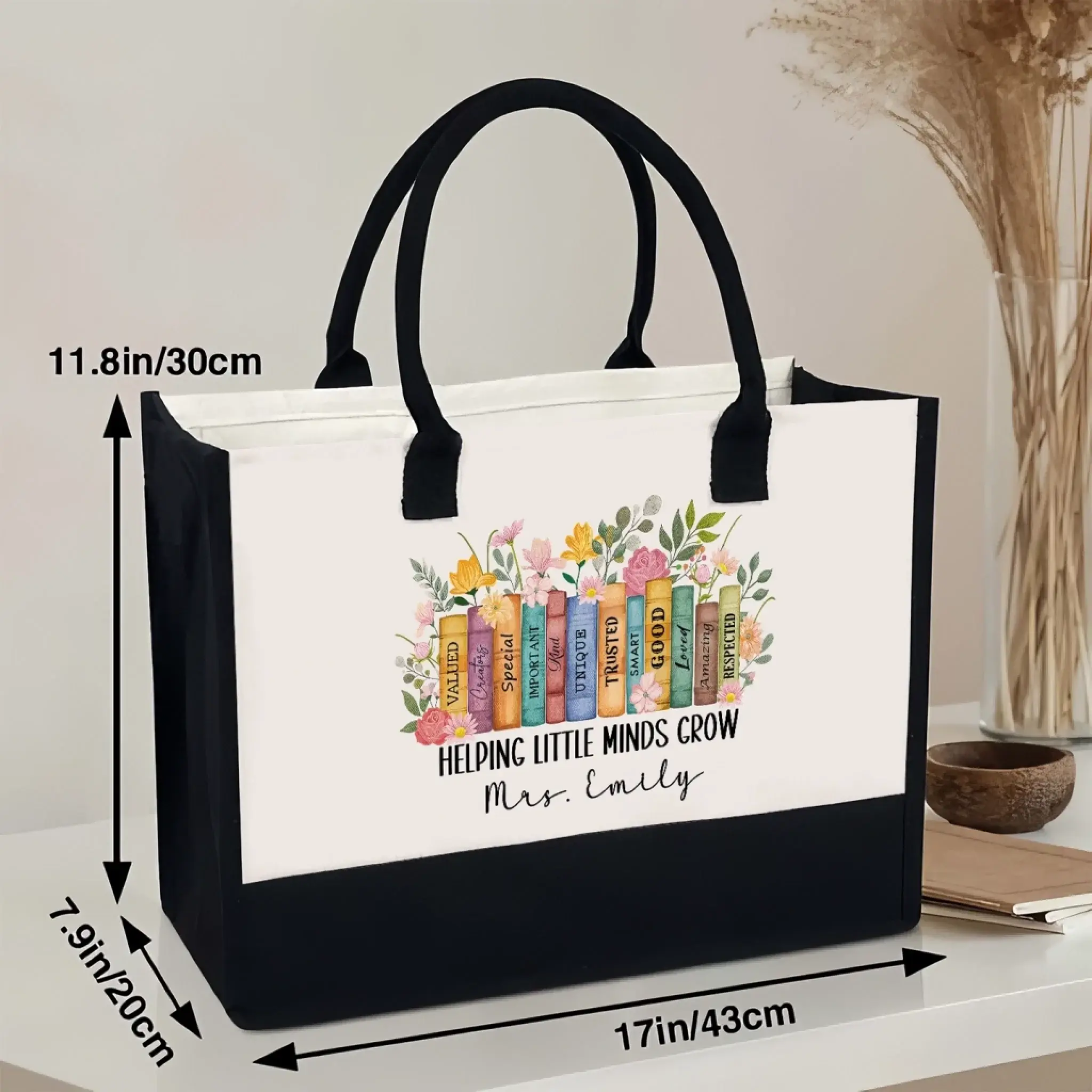 Helping Little Minds Grow - Teacher Canvas Tote Bag – Personalized Gift for Educators, Back to School, End of Year Appreciation
