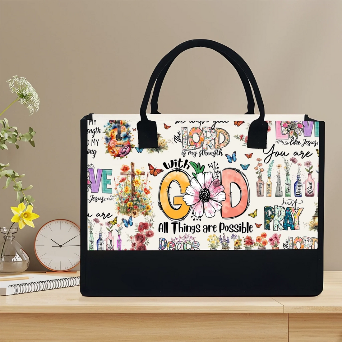 Faith Over Fear Tote – "With God All Things Are Possible" Canvas Bag, Christian Gift for Her, Spiritual Floral Design