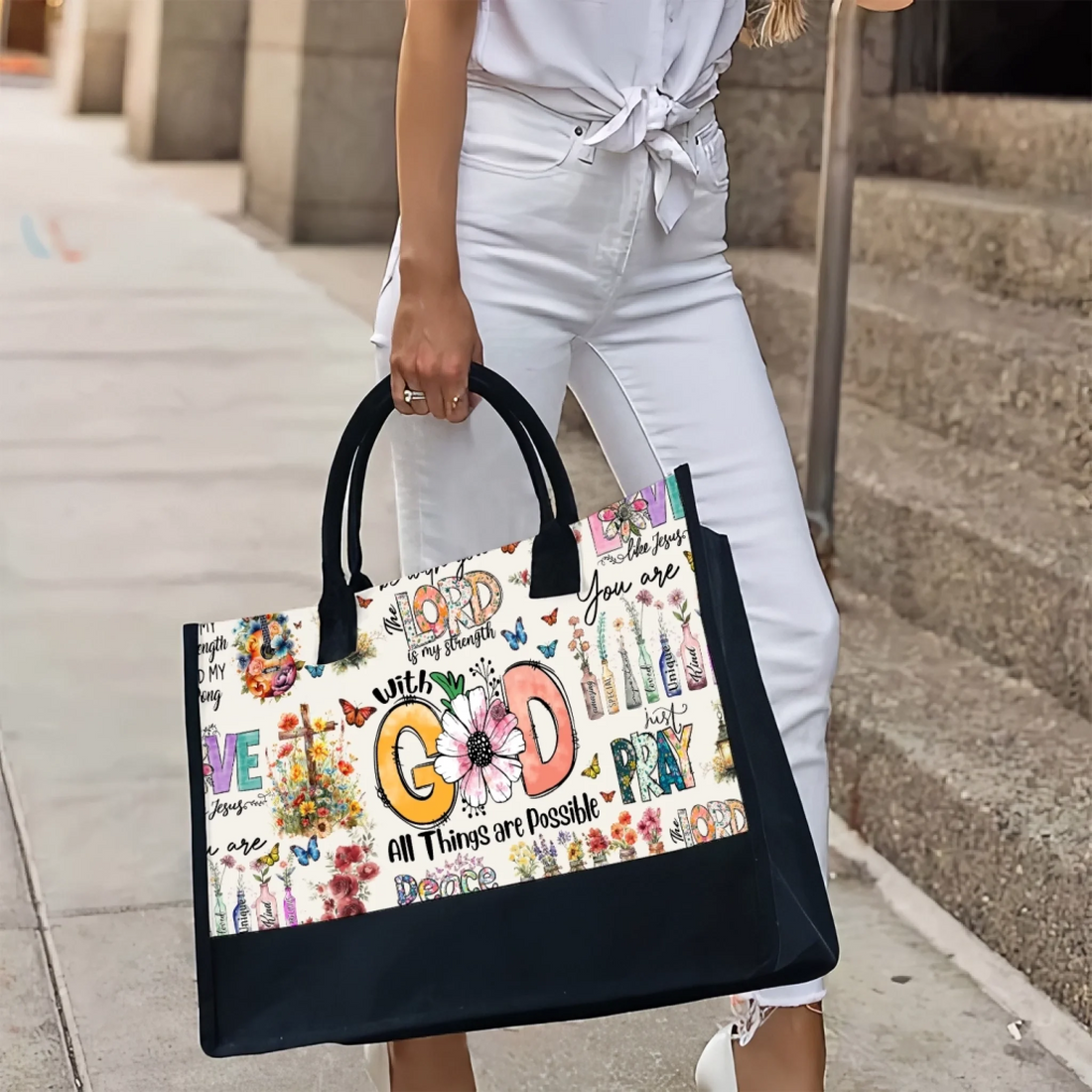 Faith Over Fear Tote – "With God All Things Are Possible" Canvas Bag, Christian Gift for Her, Spiritual Floral Design