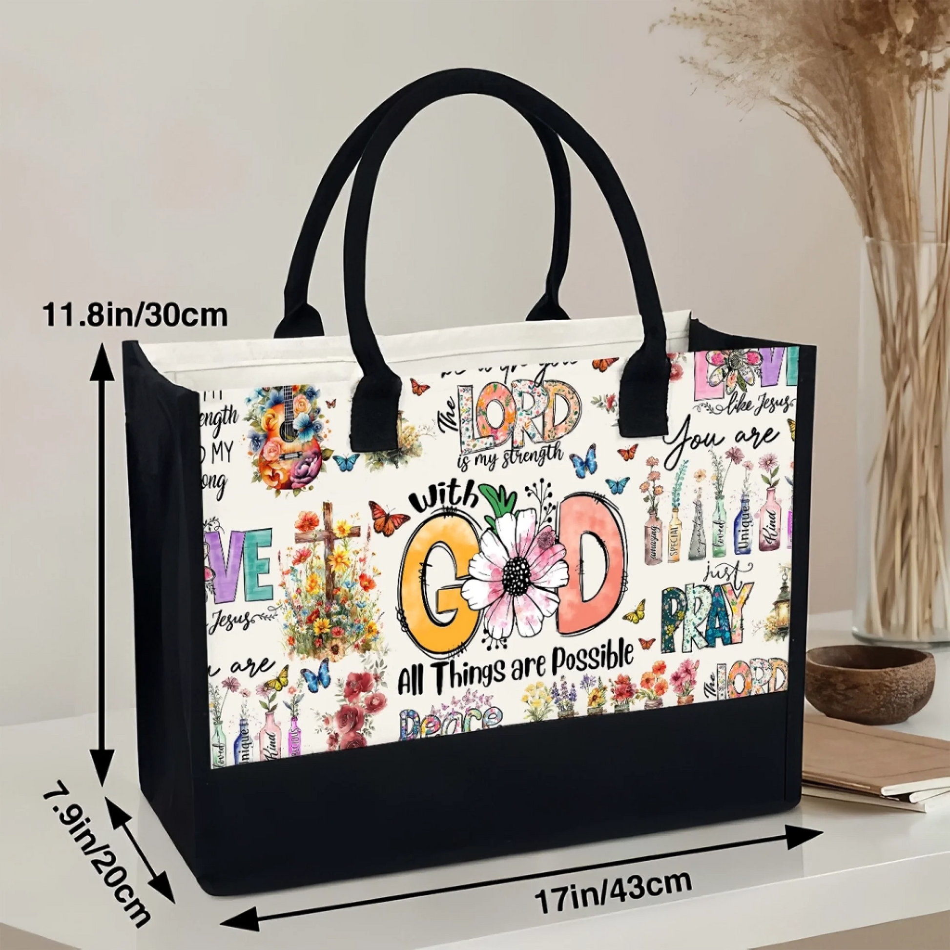 Faith Over Fear Tote – "With God All Things Are Possible" Canvas Bag, Christian Gift for Her, Spiritual Floral Design