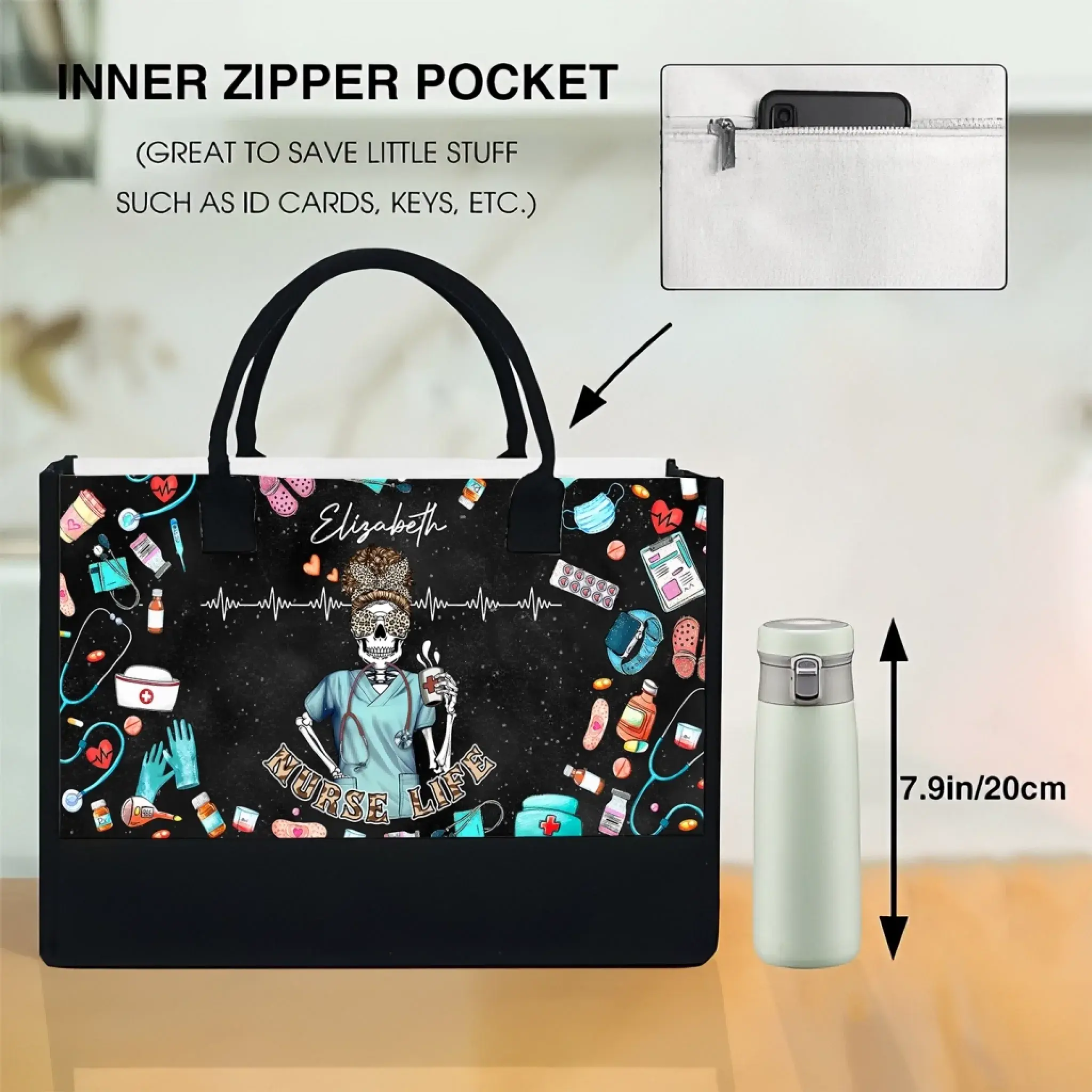 Nurse Life Skeleton Tote Bag – Custom Name Canvas Bag Gift for Nurses, Healthcare Workers