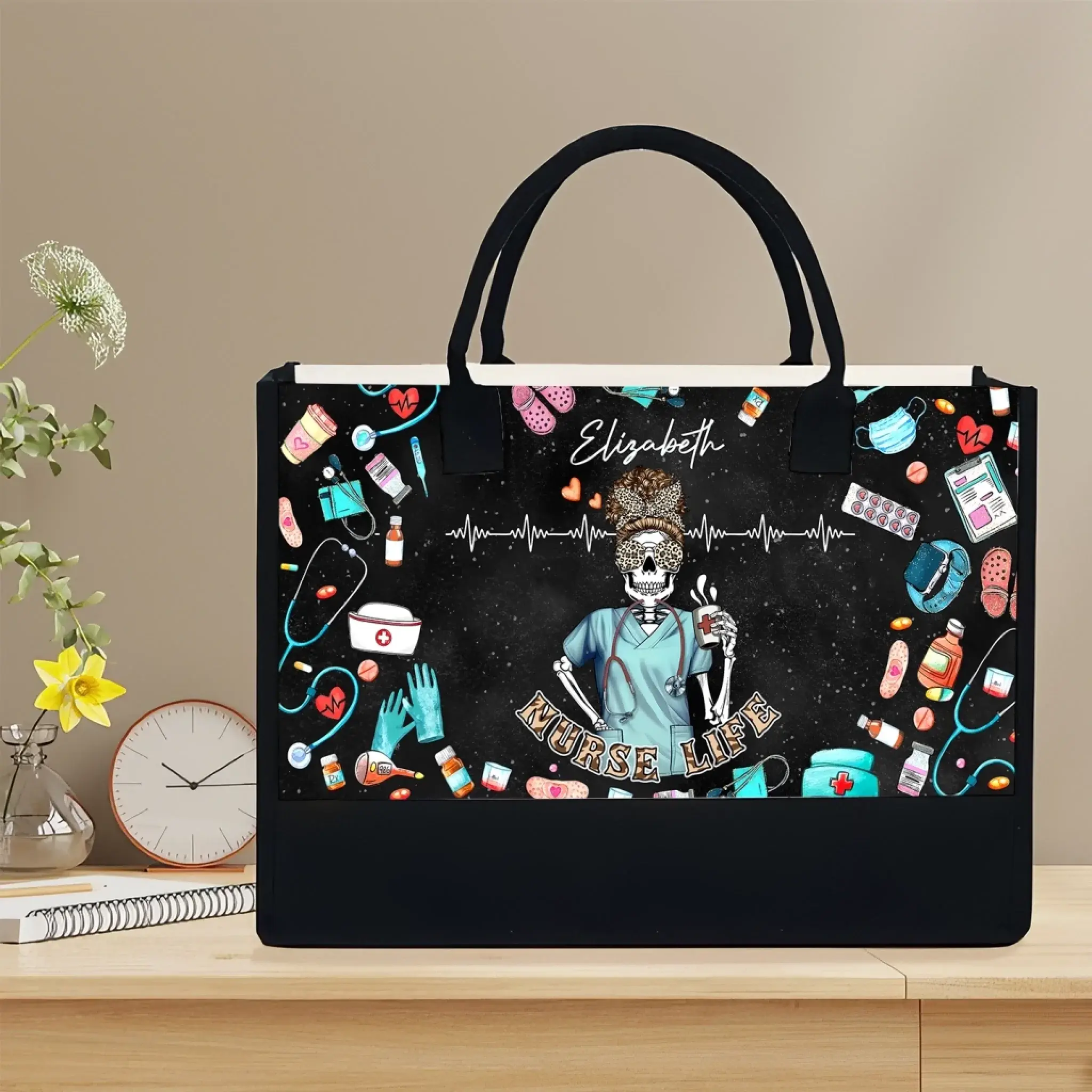 Nurse Life Skeleton Tote Bag – Custom Name Canvas Bag Gift for Nurses, Healthcare Workers