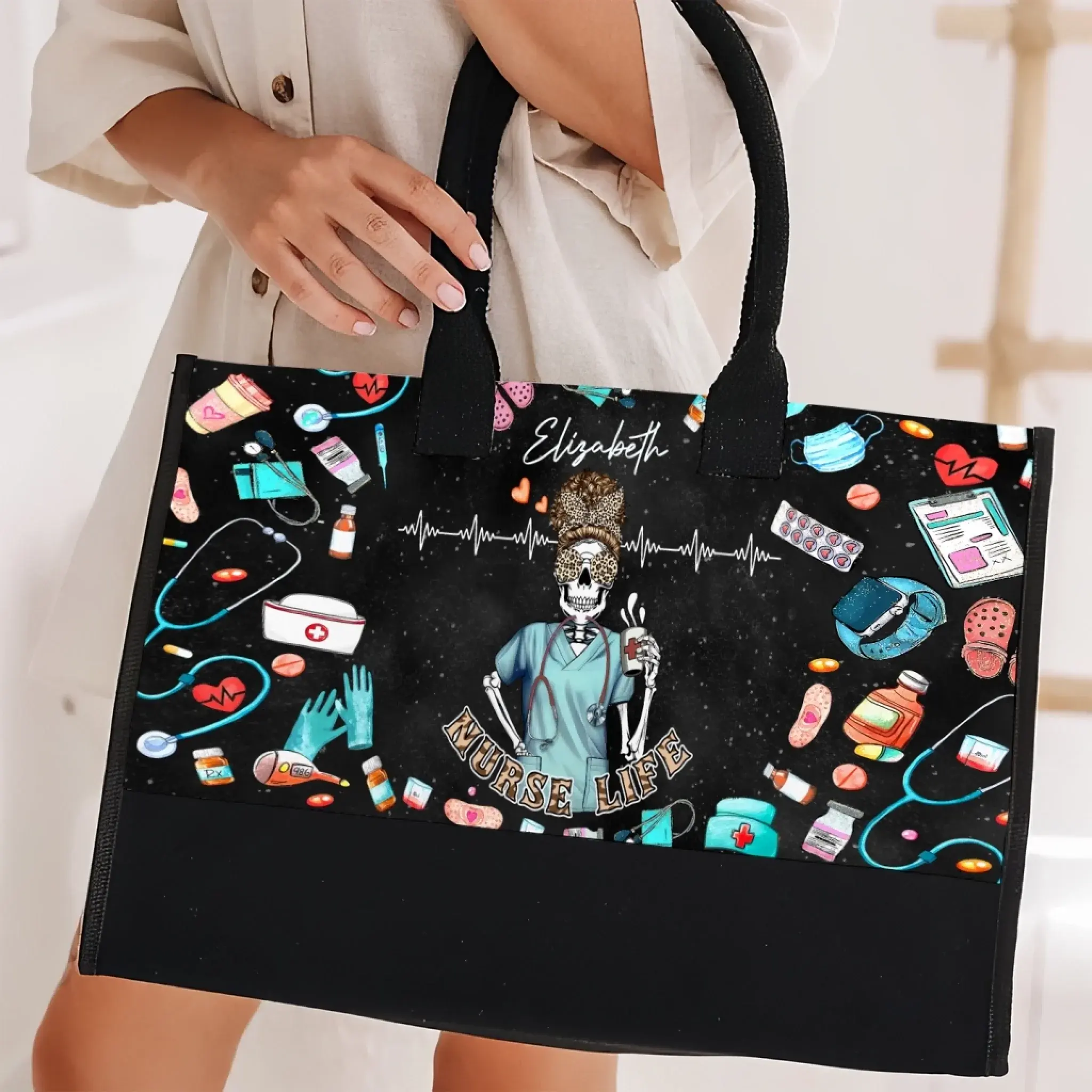 Nurse Life Skeleton Tote Bag – Custom Name Canvas Bag Gift for Nurses, Healthcare Workers