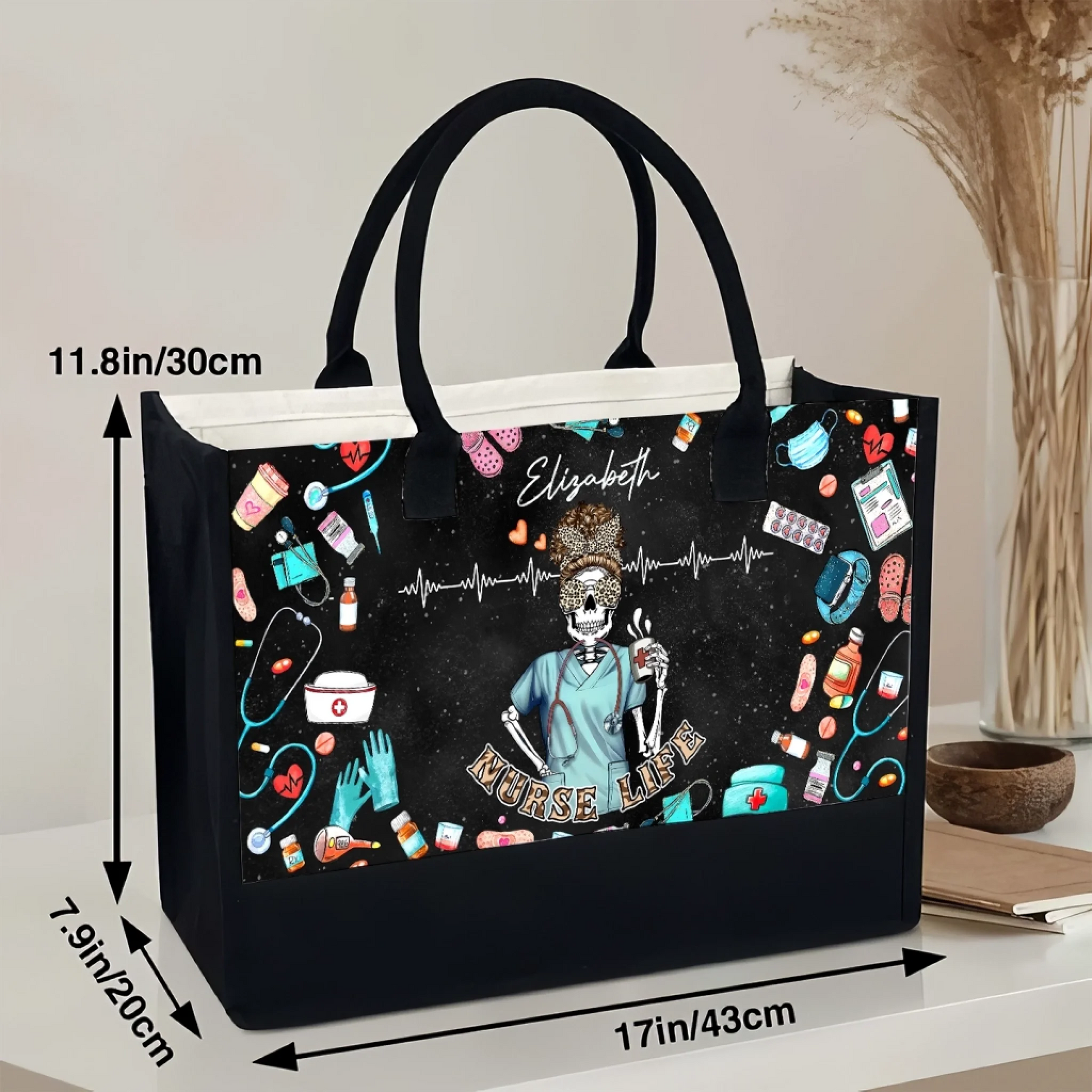 Nurse Life Skeleton Tote Bag – Custom Name Canvas Bag Gift for Nurses, Healthcare Workers