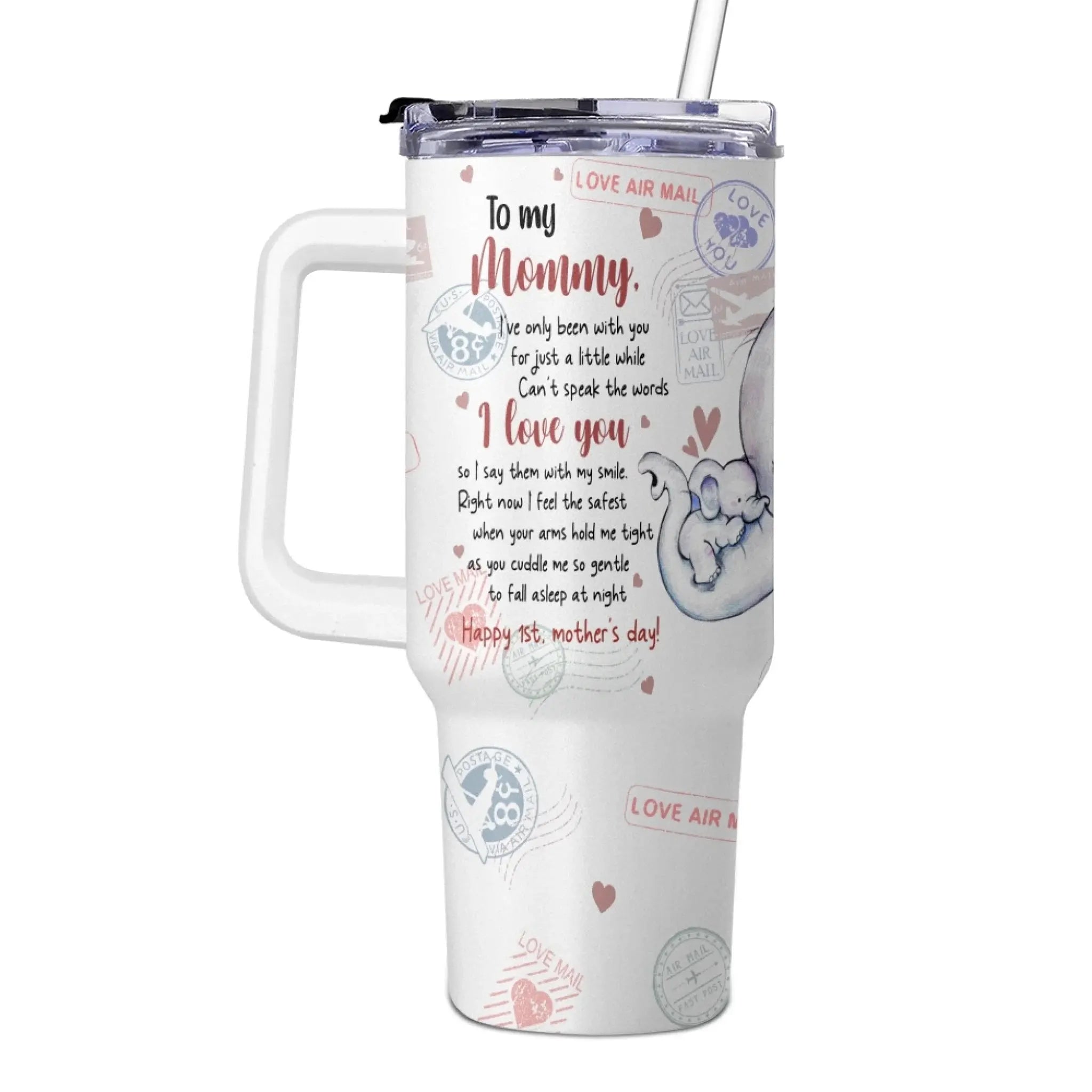 First Mother’s Day, Forever in Our Hearts – Custom Elephant 40oz Tumbler with Handle, Thoughtful Gift for New Moms from Baby, Husband, or Family