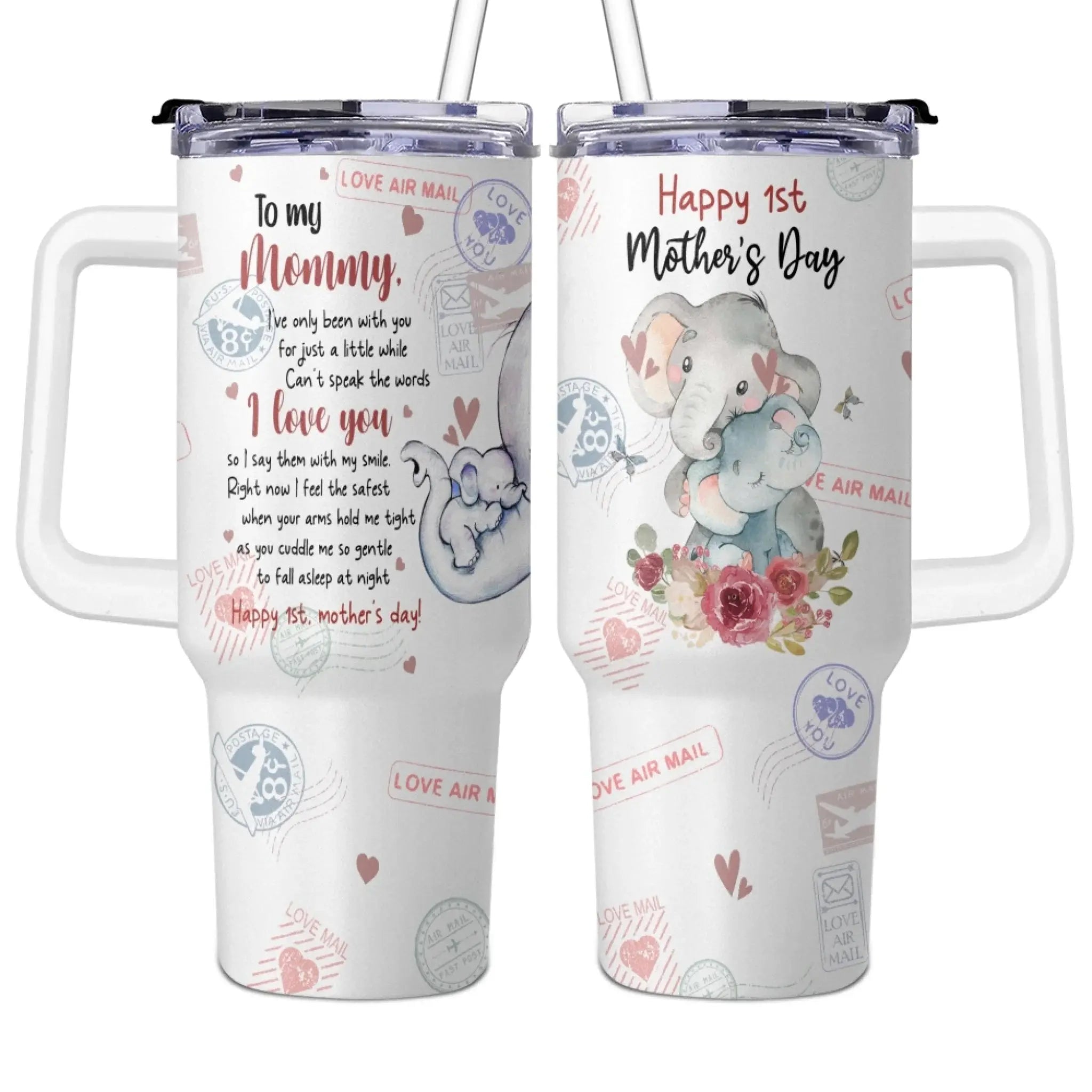 First Mother’s Day, Forever in Our Hearts – Custom Elephant 40oz Tumbler with Handle, Thoughtful Gift for New Moms from Baby, Husband, or Family 2