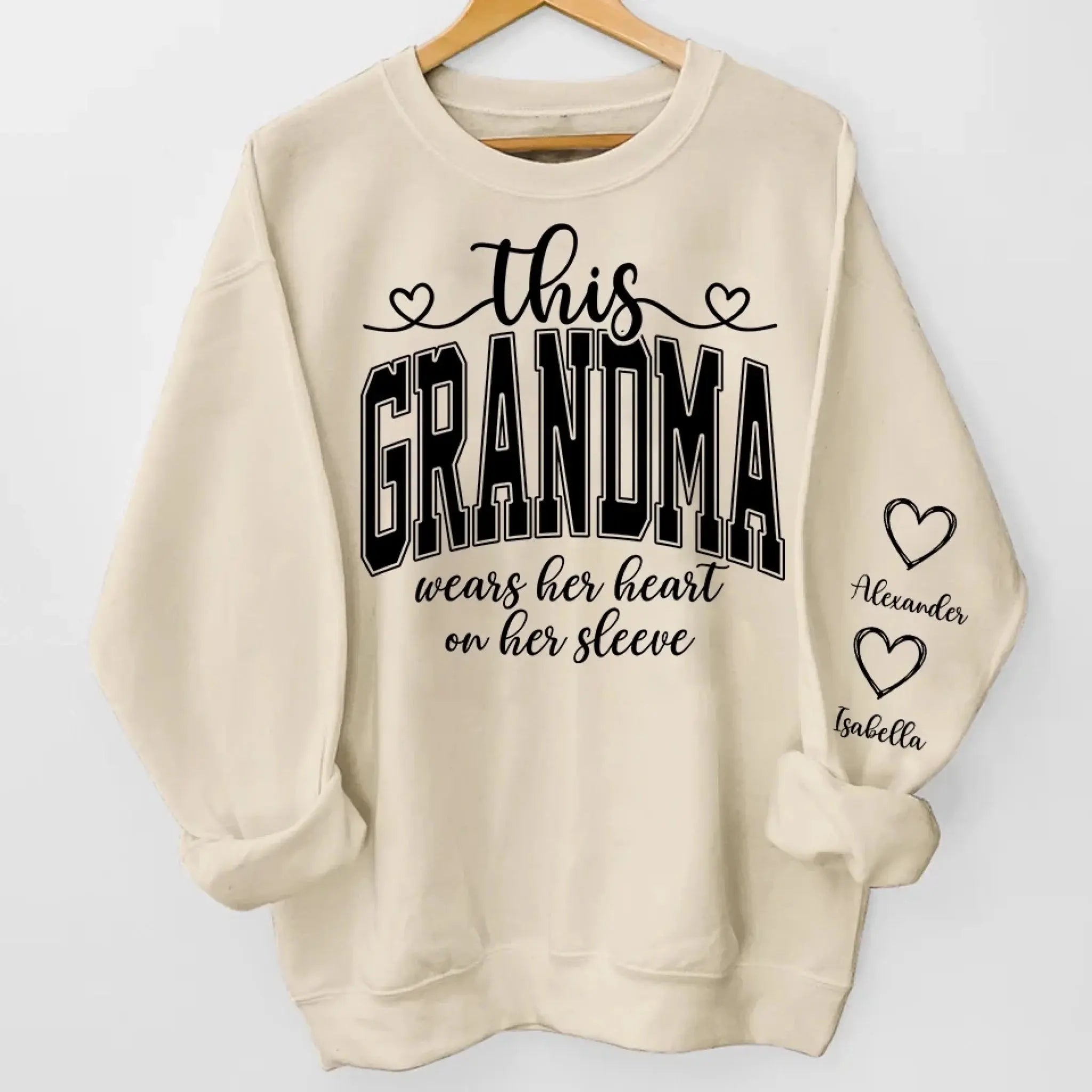 This Mom Wears Her Heart On Her Sleeve Sweatshirt – Personalized Gift for Moms with Kid’s Name