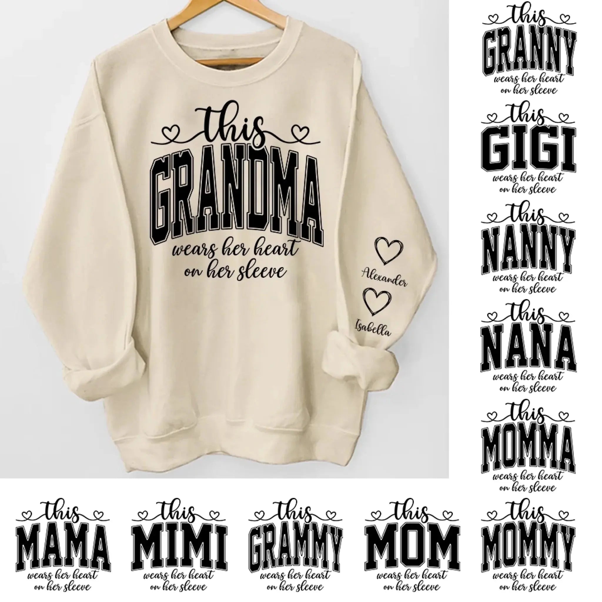 This Mom Wears Her Heart On Her Sleeve Sweatshirt – Personalized Gift for Moms with Kid’s Name