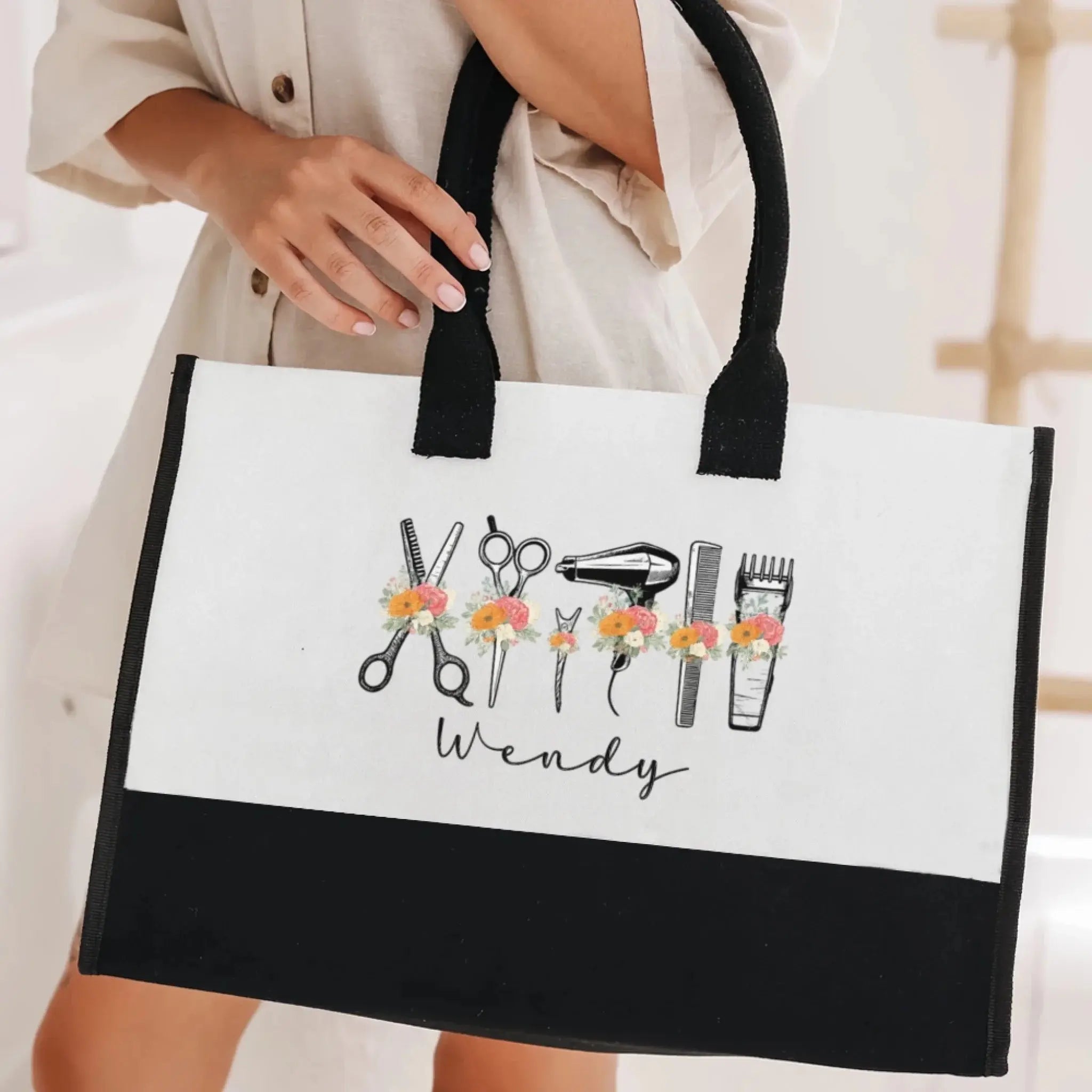 Styled with Love – Custom Name Canvas Tote Bag for Hairstylists, Floral Hairapist Design, Personalized Gift for Salon Professionals 2