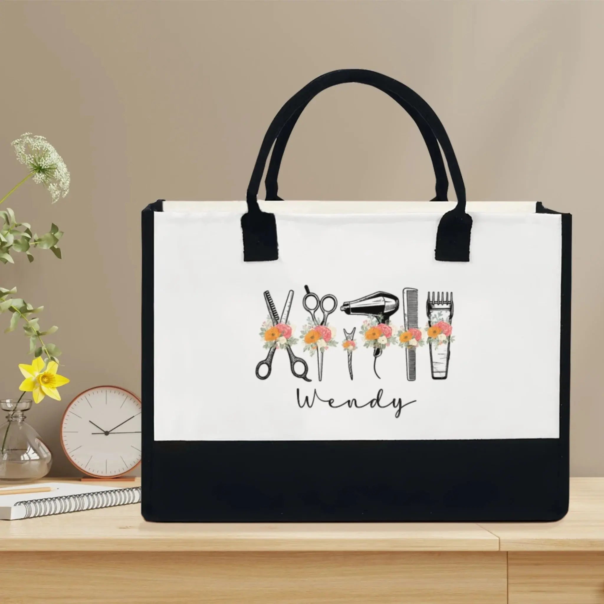 Styled with Love – Custom Name Canvas Tote Bag for Hairstylists, Floral Hairapist Design, Personalized Gift for Salon Professionals