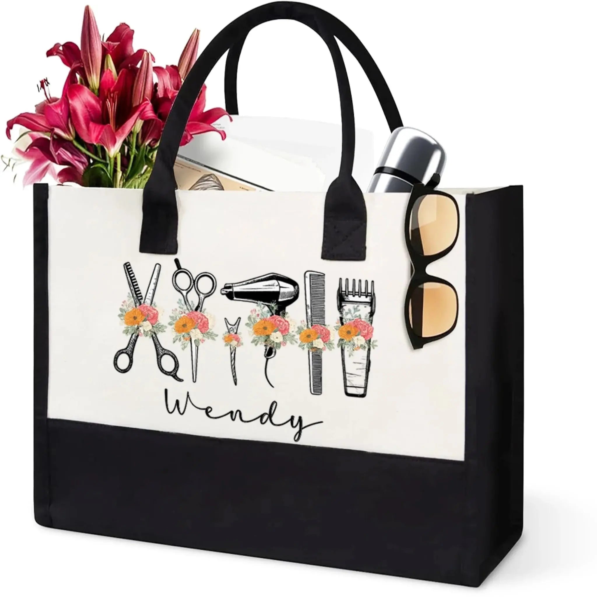 Styled with Love – Custom Name Canvas Tote Bag for Hairstylists, Floral Hairapist Design, Personalized Gift for Salon Professionals