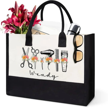 Styled with Love – Custom Name Canvas Tote Bag for Hairstylists, Floral Hairapist Design, Personalized Gift for Salon Professionals