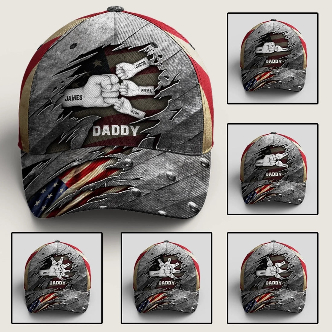 Daddy & Kids Fist Bump - Classic Cap – Personalized Gift for Dad from Son & Daughter – American Flag Hat for Father’s Day