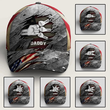 Daddy & Kids Fist Bump - Classic Cap – Personalized Gift for Dad from Son & Daughter – American Flag Hat for Father’s Day