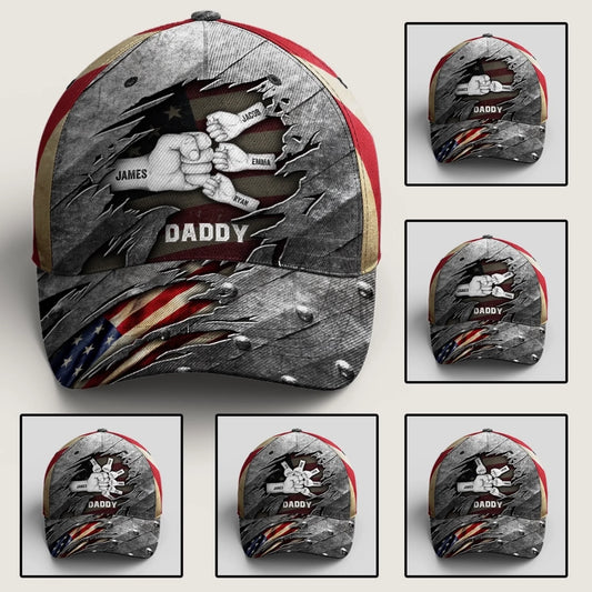Daddy & Kids Fist Bump - Classic Cap – Personalized Gift for Dad from Son & Daughter – American Flag Hat for Father’s Day