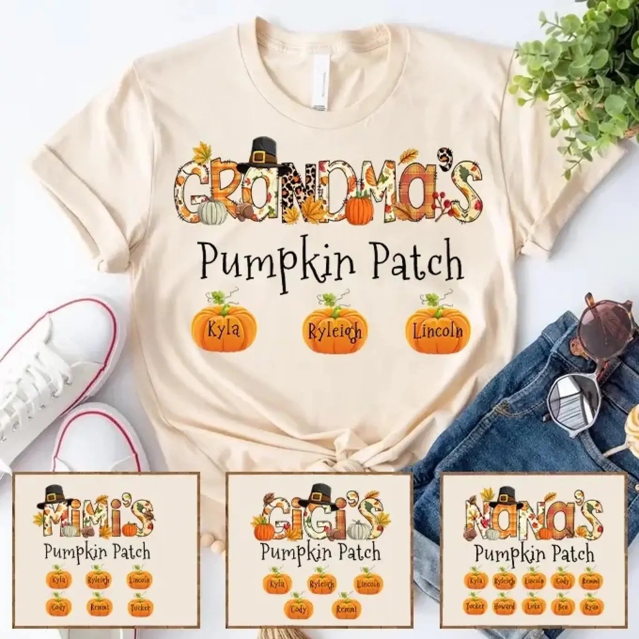 5. Grandma's Little Pumpkins – Personalized Fall Pumpkin Patch Shirt with Grandkids' Names – Cute Thanksgiving Gift for Nana, Mimi, Gigi