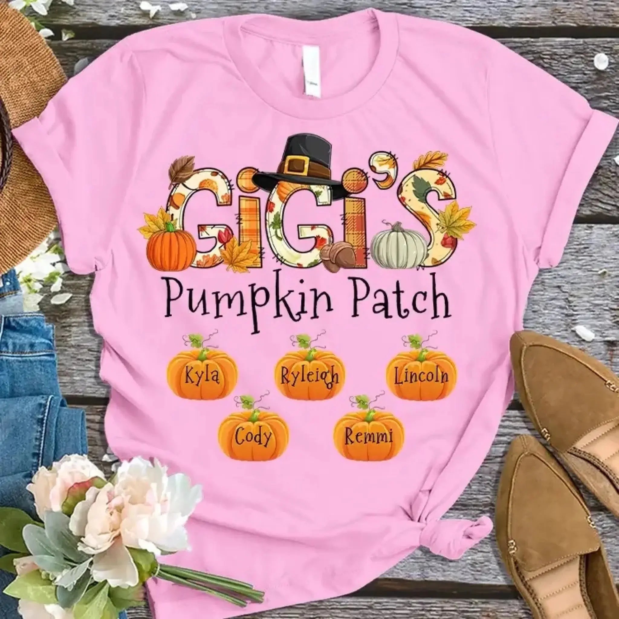 2. Grandma's Little Pumpkins – Personalized Fall Pumpkin Patch Shirt with Grandkids' Names – Cute Thanksgiving Gift for Nana, Mimi, Gigi