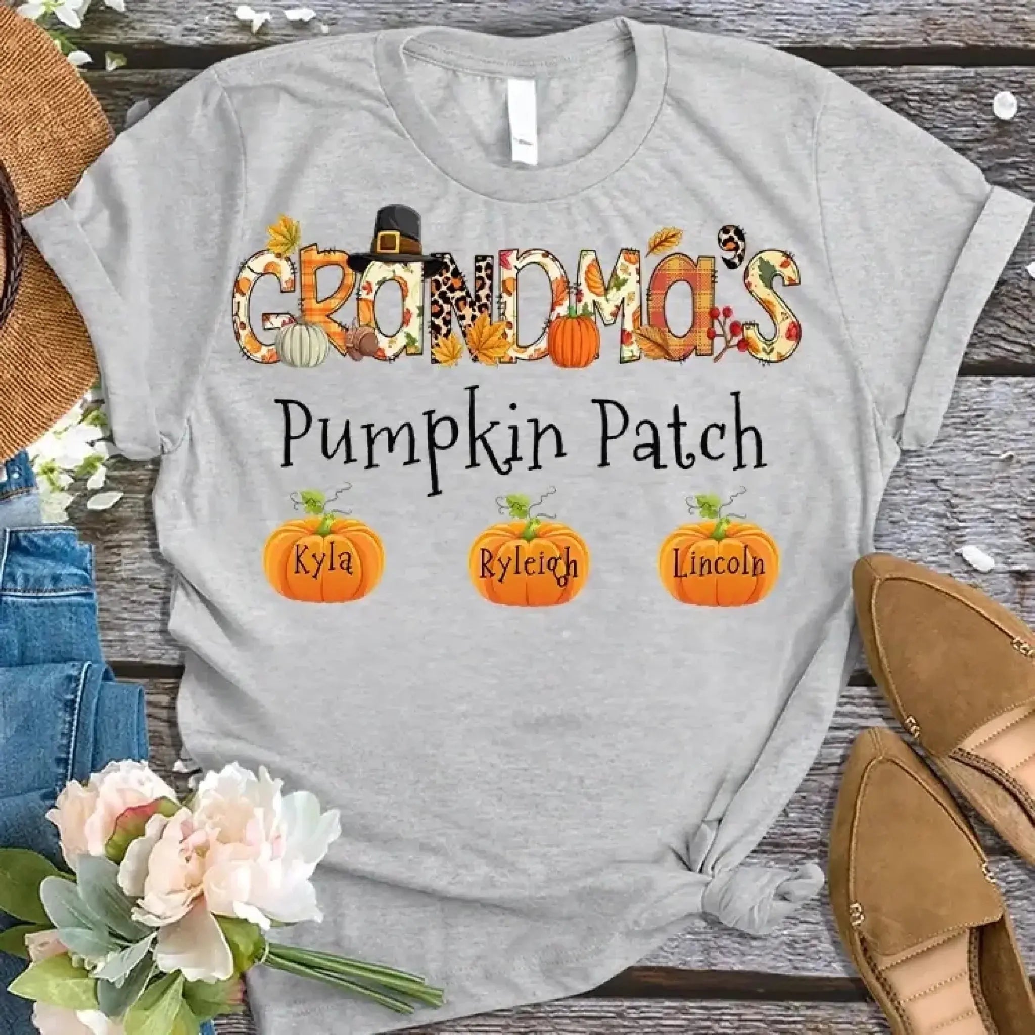 3. Grandma's Little Pumpkins – Personalized Fall Pumpkin Patch Shirt with Grandkids' Names – Cute Thanksgiving Gift for Nana, Mimi, Gigi